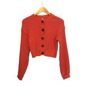 Free People All Yours Cardi Red Orange Ribbed Crop Cardigan Sweater Cozy Size S